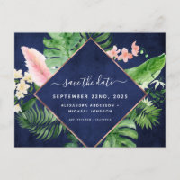 Tropische Palm Waterverf Navy Blue Save the Date