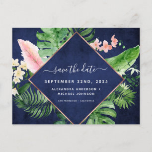 Tropische Palm Waterverf Navy Blue Save the Date Aankondigingskaart