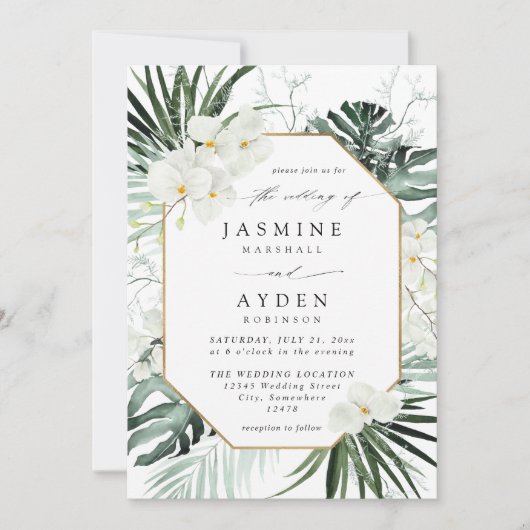 Tropische Palm & Witte Bloemen Bruiloft V2B LNM Kaart (Voorkant)