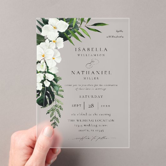 Tropische palm & witte bloemenbruiloft 2 V2 Acryl Uitnodigingen (Insitu (Draagbaar))