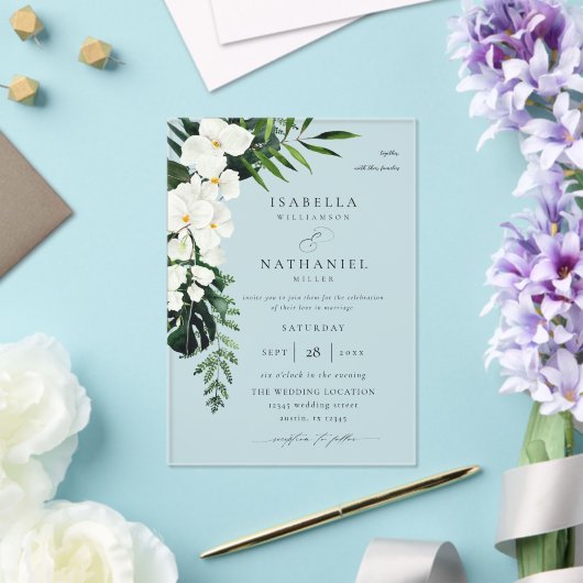 Tropische palm & witte bloemenbruiloft 2 V2 Acryl Uitnodigingen (Insitu (Huwelijk))