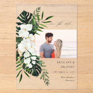 Tropische Palm & Witte Bloemige Save the Date Foto Acryl Uitnodigingen