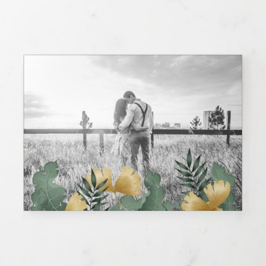 Tropische Palm Zwart Goud Ananas Bruiloft Drieluik Uitnodiging (Cover)