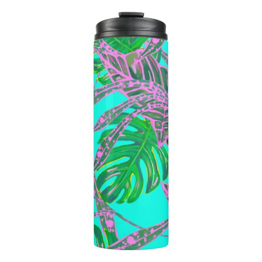 Tropische Palmblad monstera coleus turquoise roze Thermosbeker (Voorkant)
