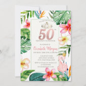 Tropische palmbladeren Bloemen Roze Flamingo 50ste Kaart (Voorkant)
