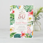 Tropische palmbladeren Bloemen Roze Flamingo 50ste Kaart (Staand voorkant)