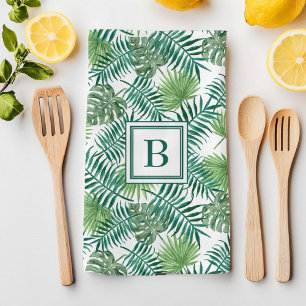 Tropische palmbladeren botanisch patroon monogram theedoek
