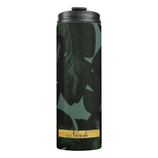Tropische palmbladeren Elegant Groen Zwart Custom Thermosbeker (Voorkant)