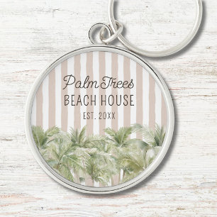 Tropische Palmbomen Beige Strepen Strandhuis Sleutelhanger