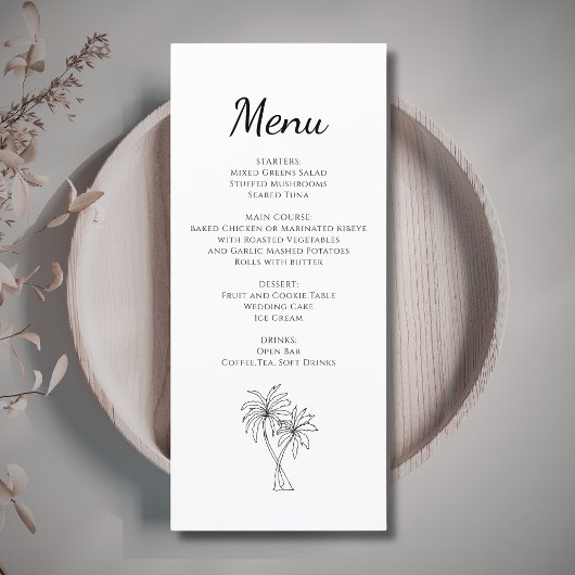 Tropische palmbomen bruiloft receptie diner menu