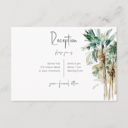 Tropische palmbomen bruiloft receptie informatiekaartje (Voorkant)