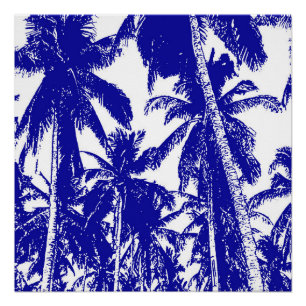 Tropische palmbomen in blauw en wit perfect poster