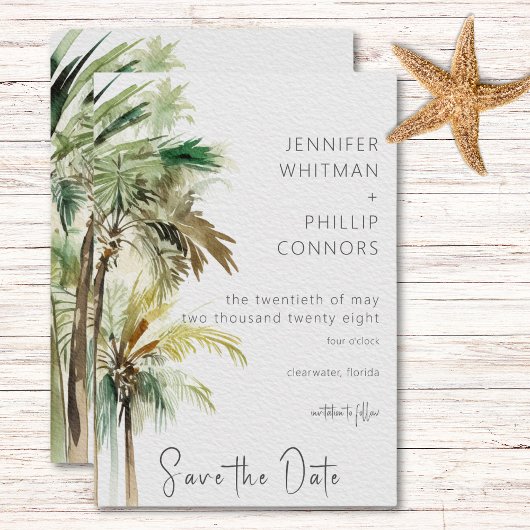 Tropische palmbomen moderne bruiloft save the date