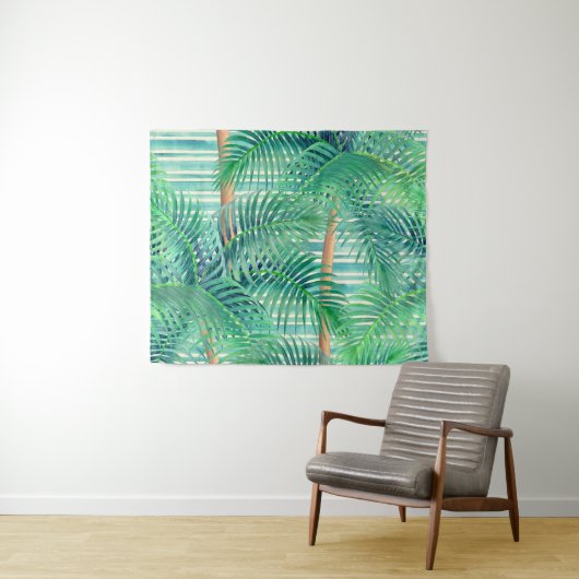 Tropische palmbomen op blauwgroen strepen wandkleed (In Situ (horizontaal))