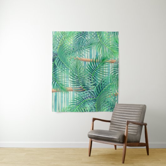 Tropische palmbomen op blauwgroen strepen wandkleed (In situ)