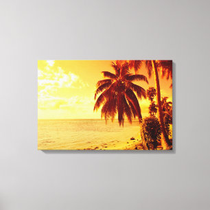 Tropische palmbomen op het strand op het zonsonder canvas afdruk