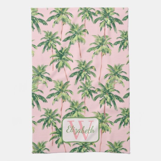Tropische palmbomen op roze gepersonaliseerd theedoek (Verticaal)