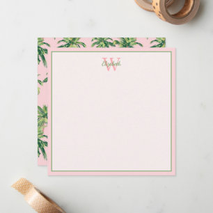 Tropische palmbomen op roze monogram notitiekaartje