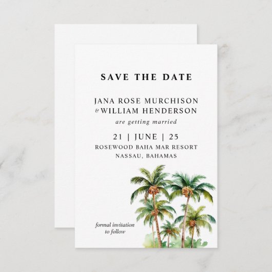 Tropische palmbomen plat opslaan de datum save the date (Voorkant / Achterkant)