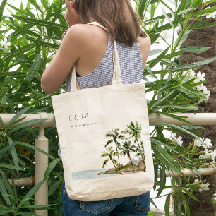 Tropische palmbomen straten zand monogram bruiloft tote bag