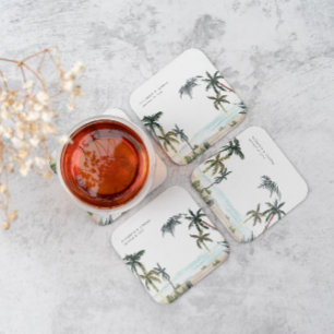 Tropische palmbomen straten zand monogram huwelijk vierkante kartonnen onderzetter