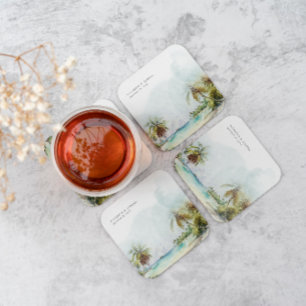 Tropische palmbomen straten zand monogram huwelijk vierkante kartonnen onderzetter