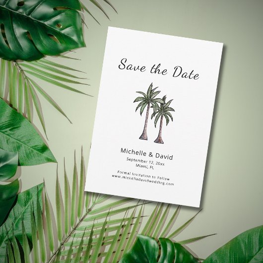 Tropische palmbomen tekenen bestemming bruiloft save the date
