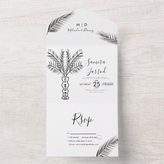 Tropische palmboom abstract handgetekende trouw all in one uitnodiging (Binnen)