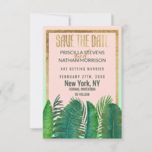 Tropische palmboom Banana Leaf Gold Wedding Save The Date