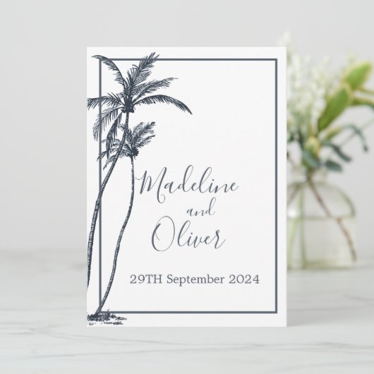 Tropische palmboom Elegant Blauw Wit Bruiloft Kaart (Staand voorkant)