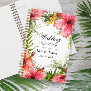 Tropische palmboom- en hibiscusbloemenbruiloft planner