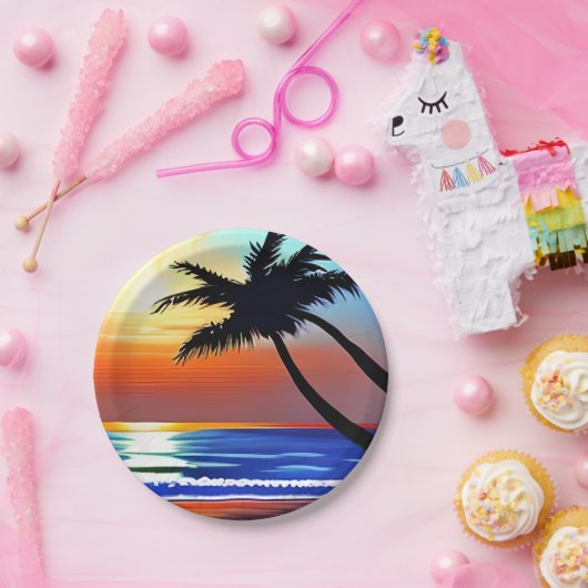 tropische palmboom en oceaan papieren bordje (Feest)