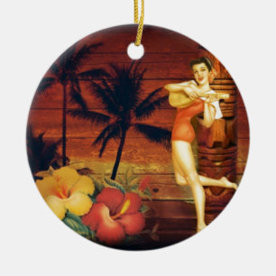 tropische palmboom hawaïaans meisje aloha keramisch ornament