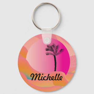 Tropische palmboom kleurrijk roze patroon naam sleutelhanger