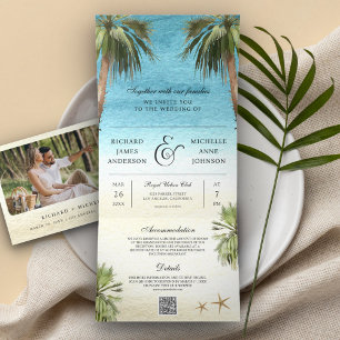 Tropische Palmboom Moderne Strand QR Code Trouwen Drieluik Uitnodiging
