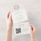 Tropische Palmboom Monogram QR Code Strand Huwelij All In One Uitnodiging (Afscheurbaar)