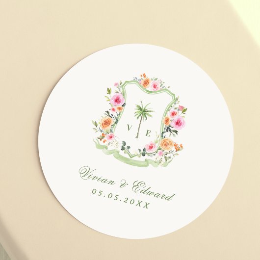 Tropische Palmboom Monogram Zomer Strand Huwelijk Ronde Sticker