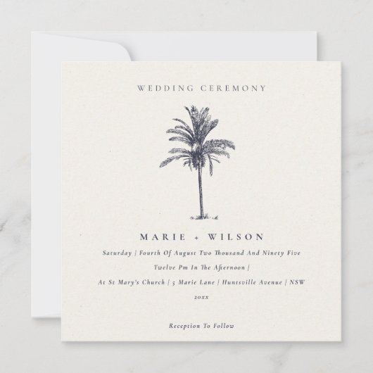 Tropische palmboom Navy Kraft Wedding Invite Bedankkaart (Voorkant)