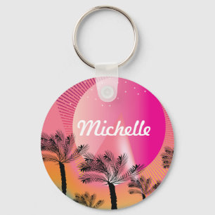 Tropische Palmboom Neon Roze Patroon Naam Sleutelhanger