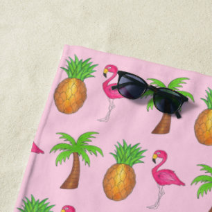 Tropische palmboom Pineapple Pink Flamingo Strandlaken