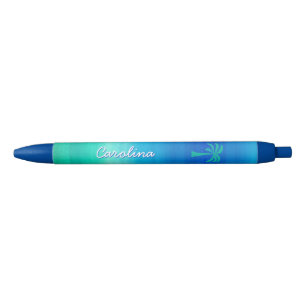 Tropische Palmboom Strandachtig Blauw Groen Aangep Zwarte Inkt Pen