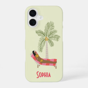Tropische palmboom strandmeisje gepersonaliseerde iPhone 16 hoesje
