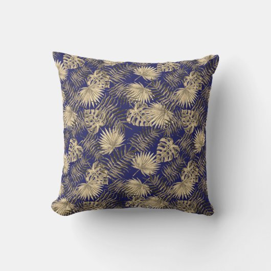 Tropische palmboom verlaat een patroon donkerblauw kussen (Voorkant)