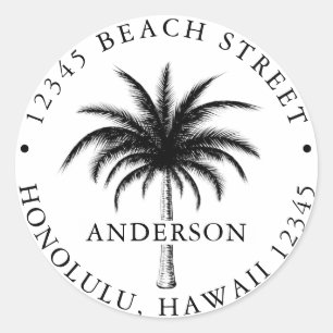 Tropische palmboom zwart-wit retouradres ronde sticker