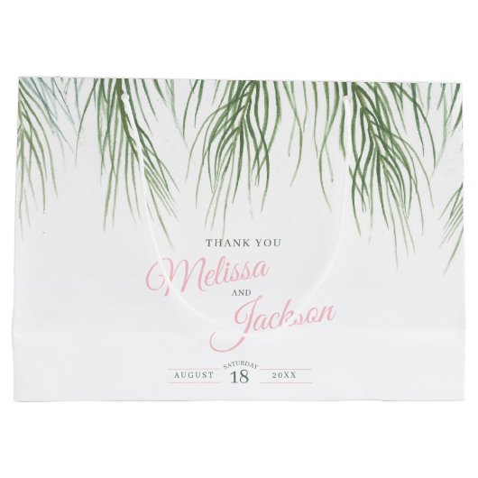 Tropische palmbruiloft bedankt roze groen en wit groot cadeauzakje (Achterkant)