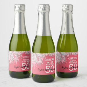 Tropische palmen Birthday roze mini Sparkling Wijnetiket