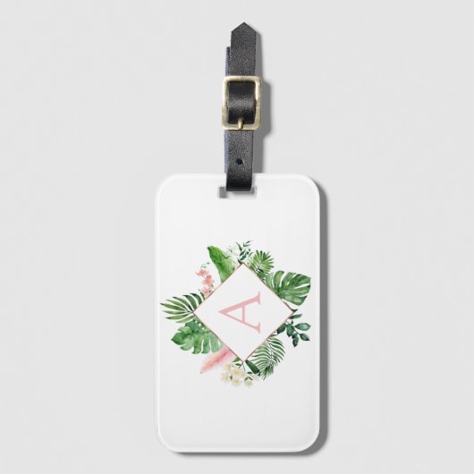 Tropische palmen Monogram Blush Pink Weddenschap Bagagelabel (Voorkant (verticaal))
