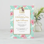 Tropische palmen Roze Floral Birthday Foto Kaart (Staand voorkant)