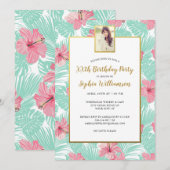 Tropische palmen Roze Floral Birthday Foto Kaart (Voorkant / Achterkant)