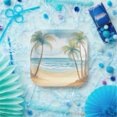 Tropische palmen | Strand Waterverf bruiloft Papieren Bordje (Feest)